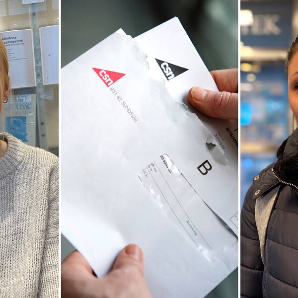 Tredelad bild. Borträtt av Alma och Sandra som ler mot kameran i skolmiljö. Bild på ett kuvert från CSN som är uppsprättat.