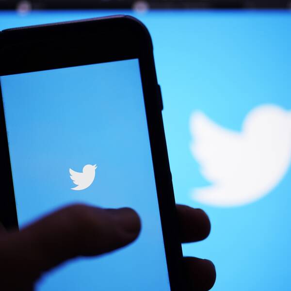 Blå skärm med Twitterloggan och en hand med en mobiltelefon.
