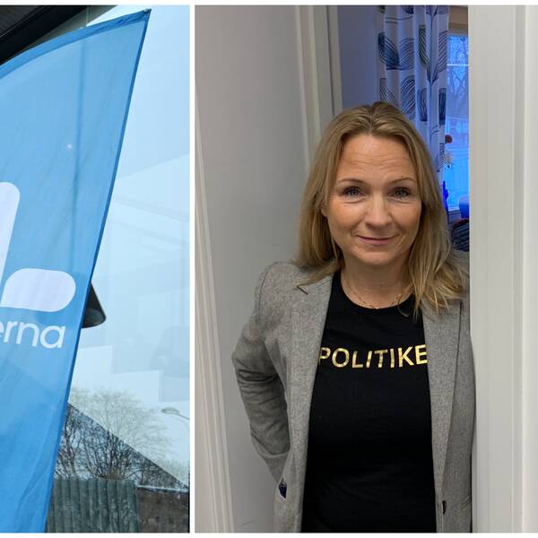 Till vänster: Bild på blå reklamflagga med Liberalernas logotyp. Till höger: Bild på Monica Lundin, avgående kommunalråd i Borlänge för liberalerna, när hon kikar ut från sitt kontor och ser glad ut.