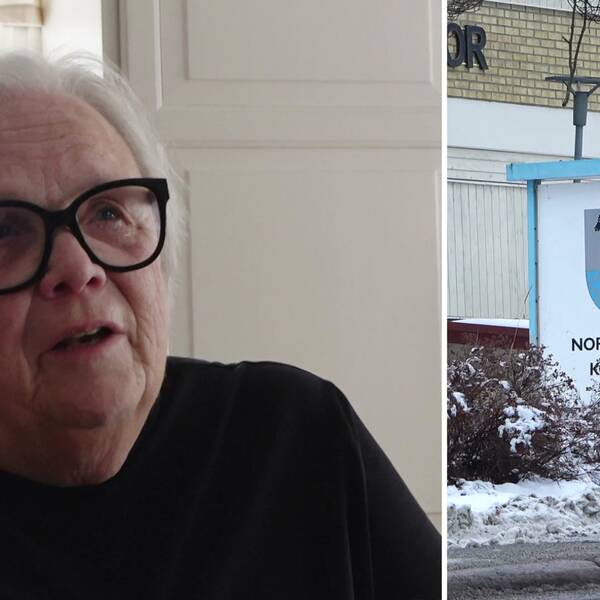 Till vänster: Bild på Carin Walldin, socialdemokraterna i Nordanstig, som sitter vid ett bord inomhus iklädd svart tröja och glasögon. Till höger: Bild på skylt med texten ”Nordanstigs kommun” med kommunvapnet, utanför kommunhuset.