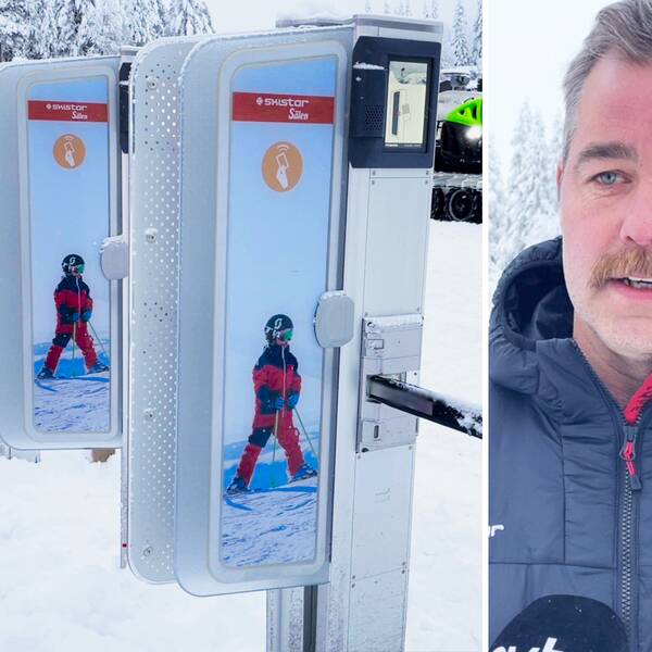 Delad bild – till vänster en bild på liftkortsläsare som står i snömiljö, till höger en bild på en man med grått och mustasch.