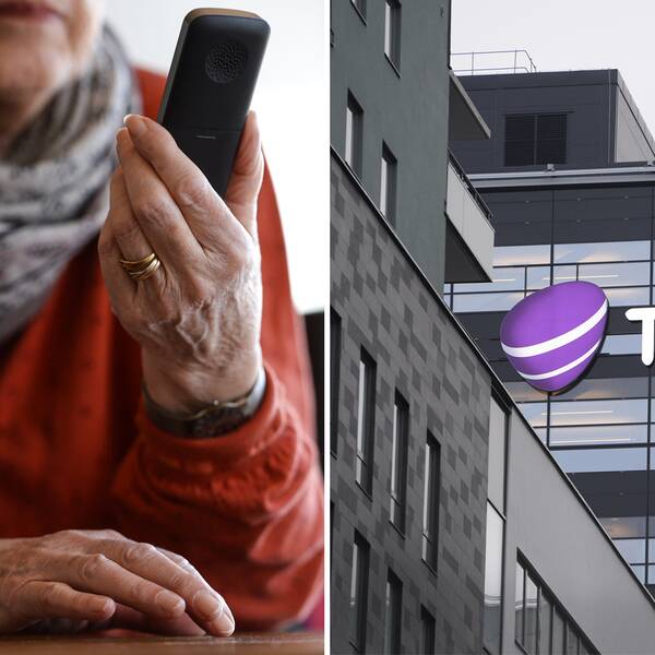 Två bilder. Till vänster en äldre kvinna som håller i en telefon. Till höger en exteriörbild på Telias huvudkontor. 
