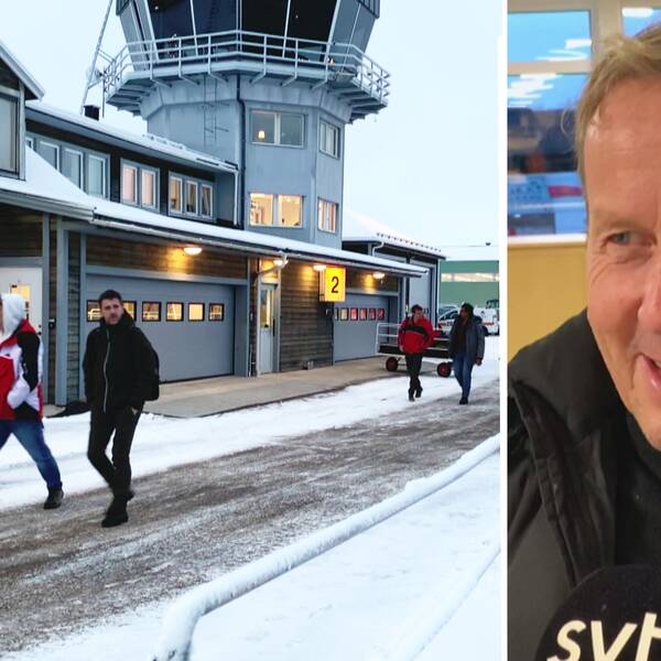 Till vänster: Bild på personer som promenerar utanför flygplatsen i Arvidsjaur, iklädda vinterkläder. Till höger: Bild på  tyske biltestaren Maximilian Engl som ser glad ut och säger att det är vackert i Arvidsjaur.