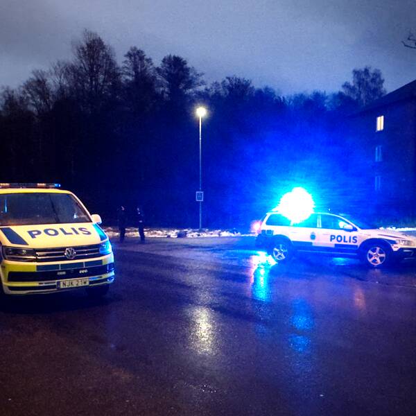 flera polisbilar med blåljus, står vid en gatukorsning, i bakgrunden ett flerfamiljshus. Det är skymning och gatuljus som lyser.
