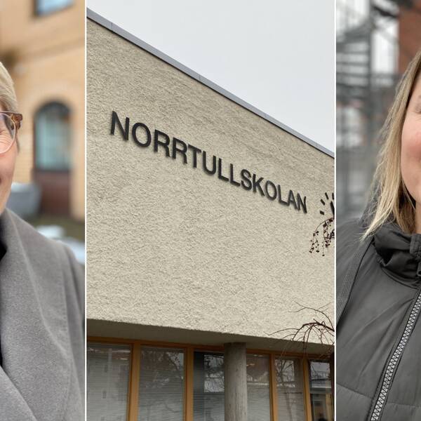 Bild på två kvinnor och en skola. Skolan heter Norrtullskolan och är en av två högstadieskolor som ska slås ihop till en i Söderhamn,