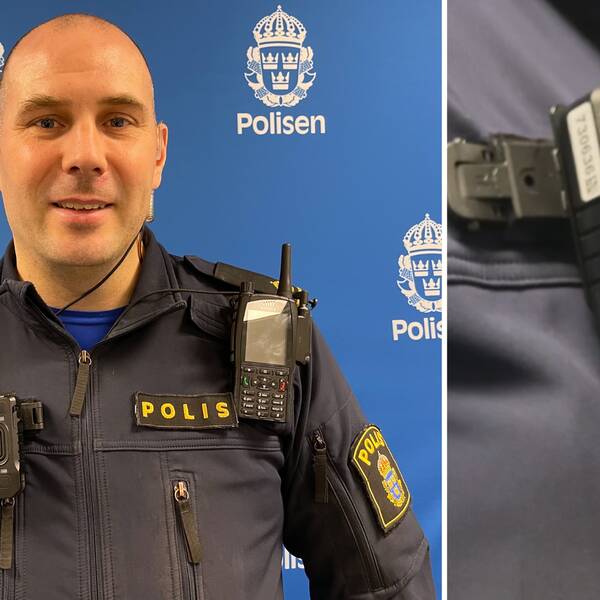 Montage: Bild på Christian Hald i polisuniform. Till höger en bild på kroppskameran som Christian satt på sitt högra bröst.