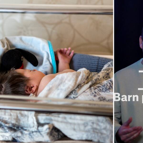 Bebis i genomskinlig plastvagn som finns på förlossningar och bb med bebis i, delad bild med SVT:s reporter Kristfofer Ström och text ”1,7 barn per kvinna”