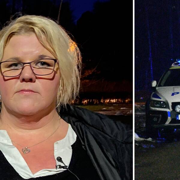 Tvådelad bild. Polisbil till höger. Blond kvinna med glasögon till vänster.