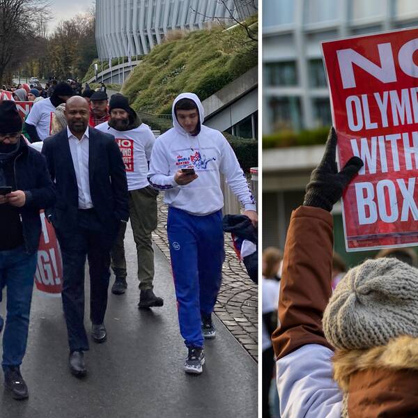 Ett 40-tal boxare och tränare, ledda av tidigare världsmästaren Roy Jones Jr, protesterar i samband med Internationella olympiska kommitténs (IOK) styrelsemöte i Lausanne.