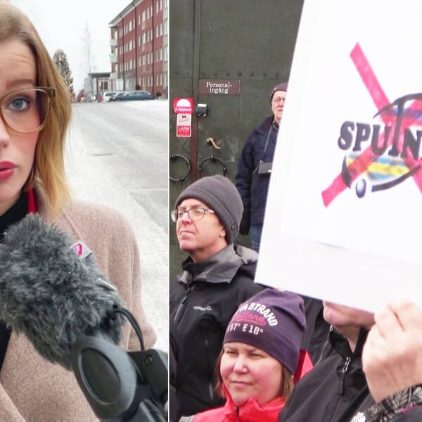 Till vänster: Bild på Emmeli Nybom (S) som står utomhus och pratar i SVT:s mikrofon. Till höger: Bild på demonstranter som håller upp en vit skylt med Sputniks logotyp, täckt med ett rött kryss. 