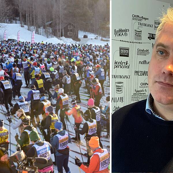 Splitbild på mängder av vasaloppsåkare och Jonas Eriksson som är vd för vasaloppet