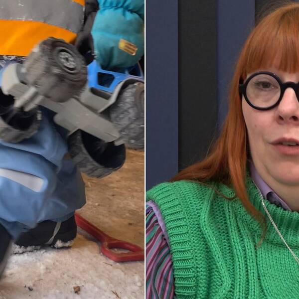 Till vänster: Bild på ett barn på en förskola som bär en leksaksbil utomhus. Till höger: Bild på verksamhetschefen Elisabet Uitto, en kvinna i medelåldern med rött hår och glasögon, som kommenterar bristen på förskollärare i Östersund. 