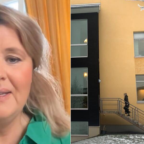 Till vänster: Bild på Anna Nelding, kvinna i medelåldern med blont hår, som är programansvarig för Mittuniversitetets förskollärarutbildning i Östersund. Till höger: Bild på ett gult hus.