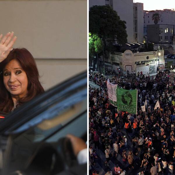 Anhängare till Argentinas vicepresident ​Cristina Fernández de Kirchner demonstrerade framför kongressen i Buenos Aires efter att domen. Bild på ​Cristina Fernández de Kirchner som vinkar, bredvid bild på folkmassan utanför Argentinas kongress.