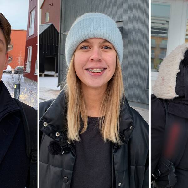 Tre porträttbilder på studenter i Gävle: Kasper Drakendal, Julia Karlsson och Demmy Olaitan. De står utomhus framför hyreshus och berättar om vad de tycker om hyreshöjningen som väntar studentlägenheter. 