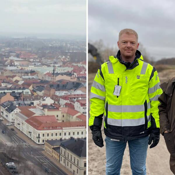 Mårten Svensson, projektledare på tekniska förvaltningen, och Karl-Erik Svensson, dammtekniskt sakkunnig, ler in i kameran. Till vänster en drönarbild över Kristianstad.