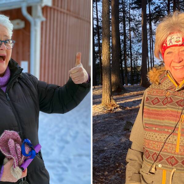 Montage: Till vänster ett porträtt av Karin Lidén i svart längre vinterjacka, vitt kort hår och blåa glasögon, hon håller upp armen och gör tummen upp mot kameran och gapar glatt. Till höger Rose Marie i ett rött pannband med livligt hår ovanför det och en vinterjacka med mönster.