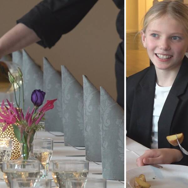 Montage: Till vänster en närbild på ett fint dukat bord med gråmönstrade servetter, en ur personalen häller upp vatten i transparenta dryckesglas.