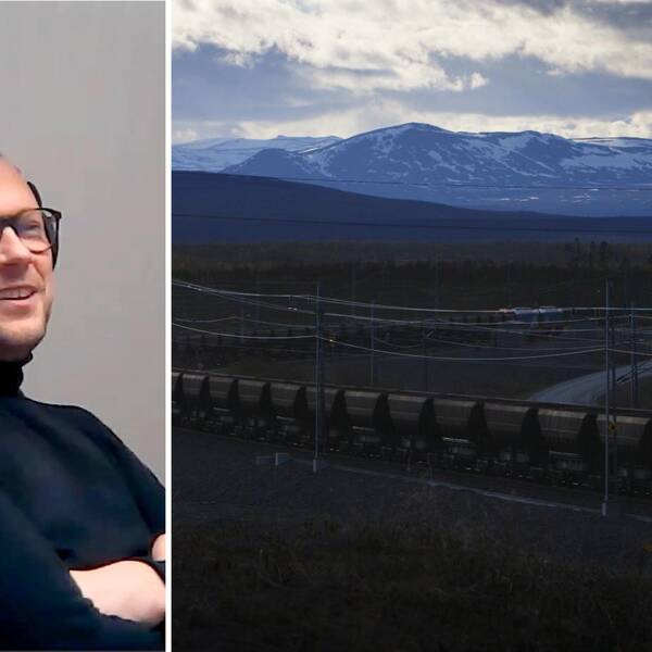 Delad bild. Till vänster en glad man i svart polotröja och stora hörlurar. Till höger en landskapsbild med ett fjäll i bakgrunden och ett långt godståg i förgrunden.