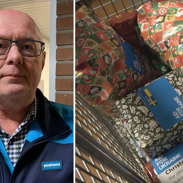 Till vänster: Anders Öman som är terminalchef på Postnord i Sundsvall, som tittar in i kameran iklädd blå arbetskläder. Till höger: En hög med färgglada paket i olika mönster i rött och grönt, märkta med blå etiketter som har texten ”Aid for Ukraine” och både svenska och ukrainska flaggan.