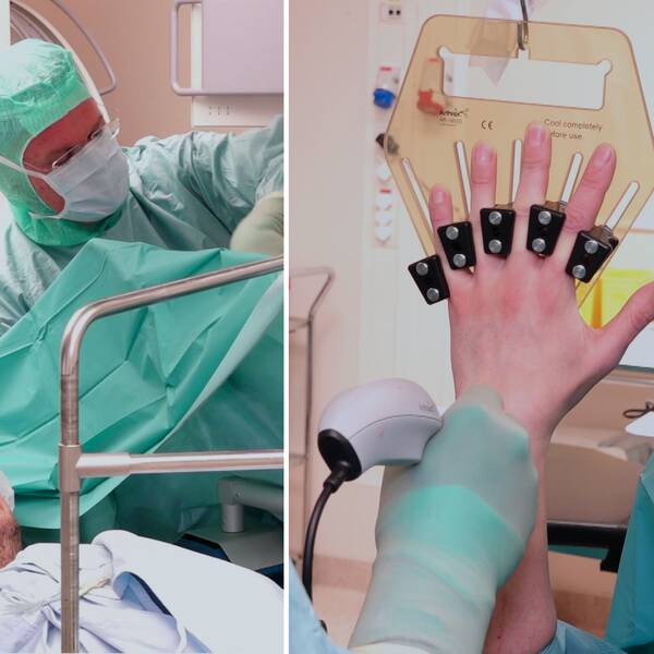 Bild på kirurger och en patient. Kirurgerna jobbar på Universitetssjukhuset Örebro där man nu är först i världen med ny nanoteknik där man inte behöver söva patienter i onödan.