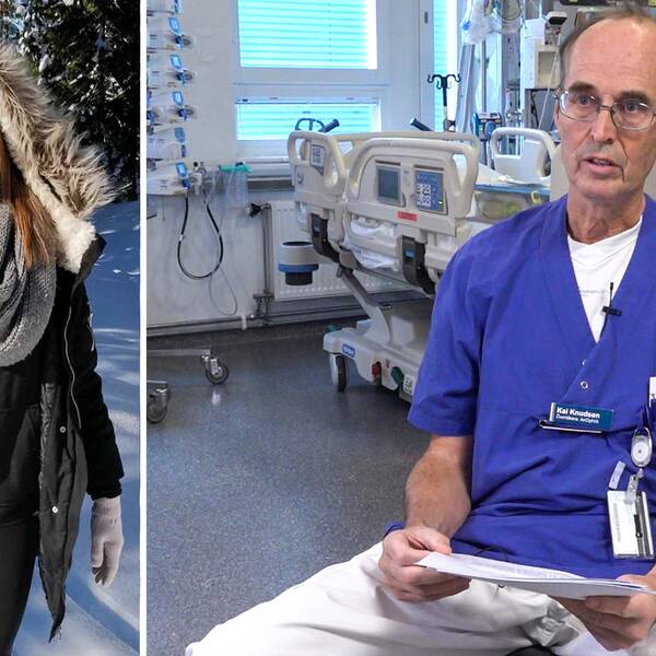 En tvådelad bild. Till vänster Evelina Vessby ute i snön i vinterjacka. Till höger Kai Knudsen som sitter i sjukhusmiljö med ett papper i handen.
