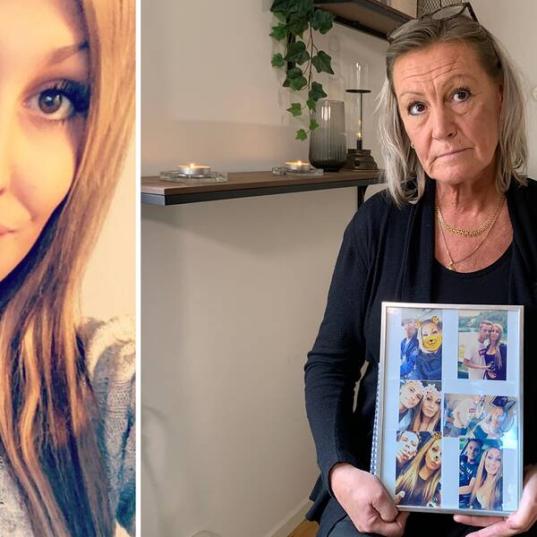 Tvådelad bild. Till vänster en selfie på Evelina Vessby. Till höger hennes mamma, Anna Vessby, som sitter med en tavla med bilder på Evelina på i handen.
