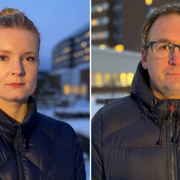 Kvinna med knut på huvudet och röda örhängen samt en man med glasögon.