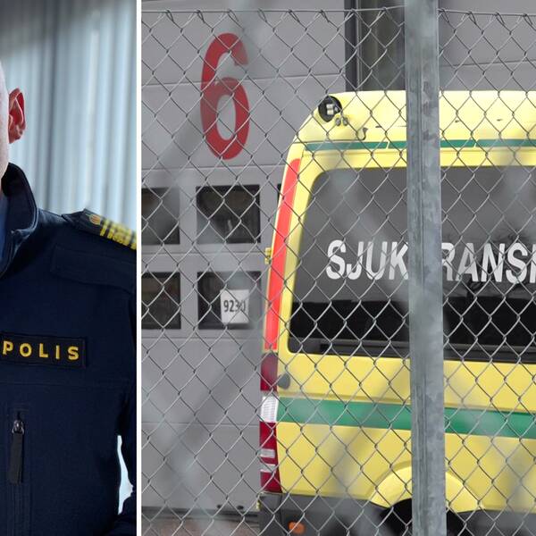 Bild på en uniformerad polis och en bild på en gul sjuktransport vid ett stängsel. Polisen heter Lars Eckerdal och är polisområdeschef i Fyrbodal. Han berättar i klippet om vilken sjukdomsinfo som polisen kan få när de omhändertar en påverkad person.