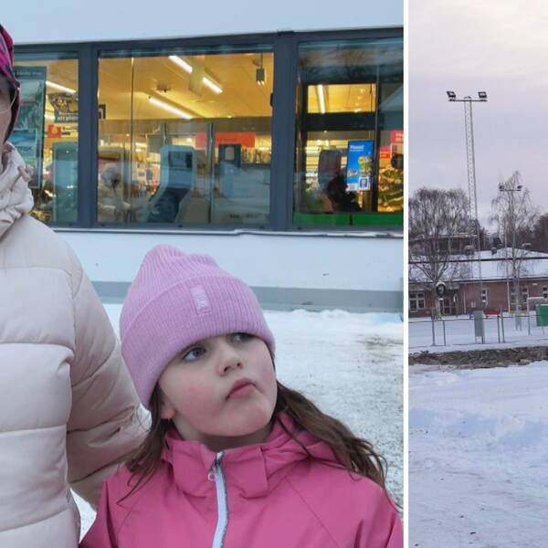 En kvinna och en flicka utomhus i Sollefteå. Butik i bakgrunden