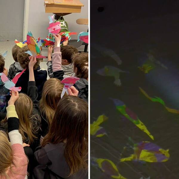 Till vänster: Bild på skolbarn i Kiruna som håller upp sina flyttfåglar tillverkade av papper. Till höger: Bild på lysande flyttfåglar på den snötäckta marken i Kirunas gamla centrum.