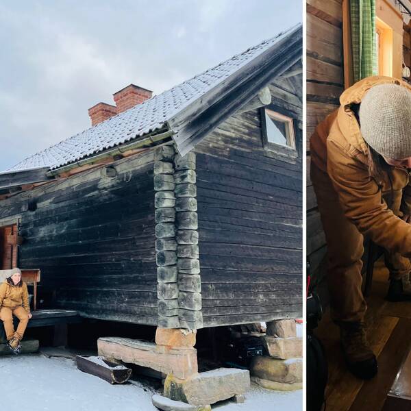 Bild på ett trähus och en kvinna som värmer upp en ugn. Kvinnan heter  Gabriella Andelius och bor i huset ute i skogen i Ulricehamn efter att hon lämnat lägenheten och lever nu utan el och rinnande vatten.