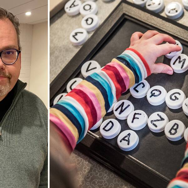 Montage: Till vänster ett porträtt på skolchef Örjan Abrahamsson i grön stickad tröja med dragkedja. Till höger: Ett barn på en förskola leker med bokstavsknappar.