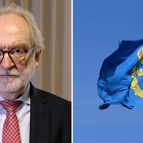 En flagga med polisens logga, samt en bild på arbetsrättsjuristen Tommy Iseskog.