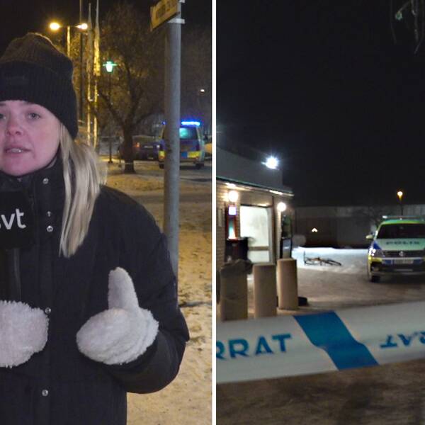 Reporter står med mikrofon vid platsen. Bredvid bild på platsen där en polisbil står bredvid en liggande cykel.