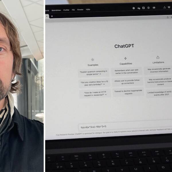 Bild på man med mustasch och scarf och en bild på en dator där det står ChatGPT. Mannen heter Jonas Ivarsson och är professor i informatik vid Göteborgs universitet. . Han svarar på frågor om chatboten ChatGPT.