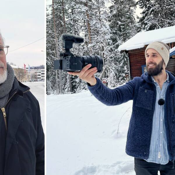 En bild på två personer, Thomas från kommunen till vänster och youtubern Kalle Flodin till höger. Han håller en vloggkamera och filmar sig själv och ler.