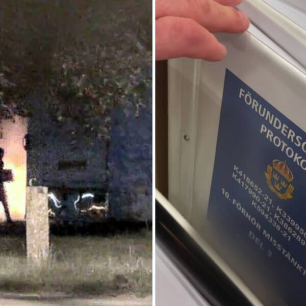 En bild från amfetaminfabriken i Sölvesborg där flera personer syns ur polisens förundersökning och en bild på en pärm med polisens förundersöknings protokoll från fallet.