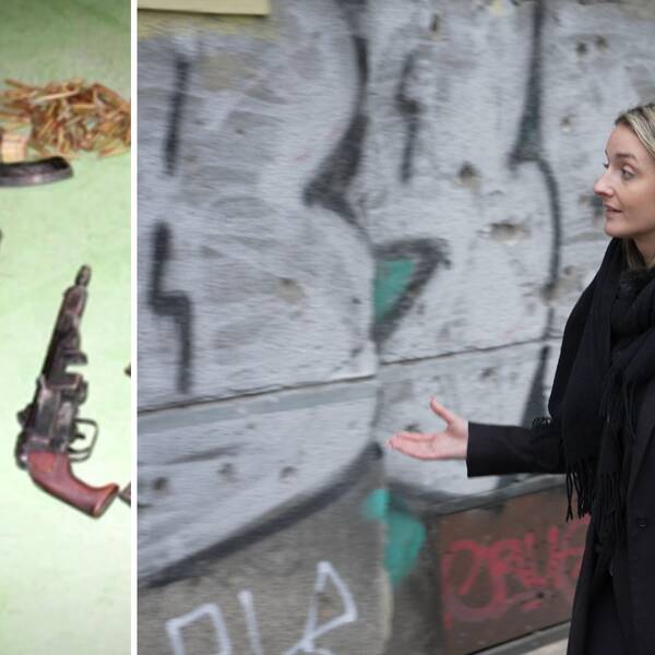 Delad bild, till vänster bild på olika vapen som ligger på ett bord. Till höger på SVT:s reporter Aida Arslanovic på plats i Sarajevo framför vägg med kulhål.