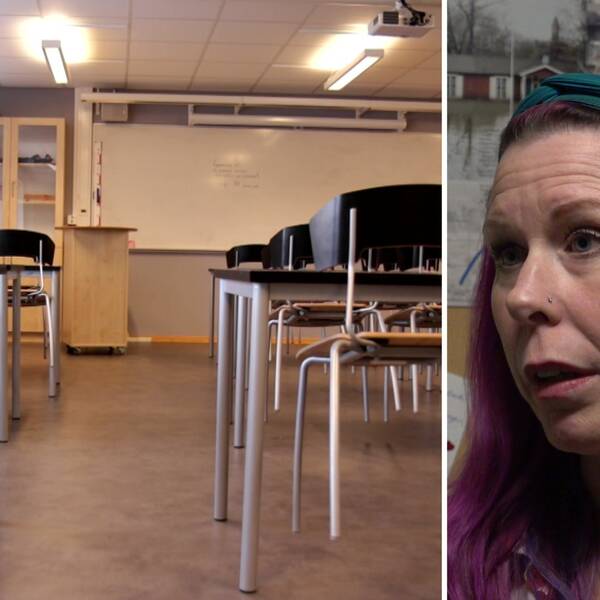 Bild på stolar som står på en rad i ett klassrum och en bild på en lilahårig kvinna. Kvinnan heter Carola Jansson och är gymnasielärare i Karlstad och tycker inte att skolan gör tillräckligt mot narkotikan. Hör henne berättar mer i klippet.