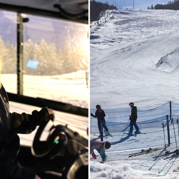 Kollage: Line Skogheim som är vice ordförande för Skönviksbacken mellan Sundsvall och Timrå i Västernorrland. Hon har brunt hår, svart jacka och en grå mössa sitter medan hon sitter och kör en pistmaskin. Till höger en bild på skidbacken med några slalomåkare.