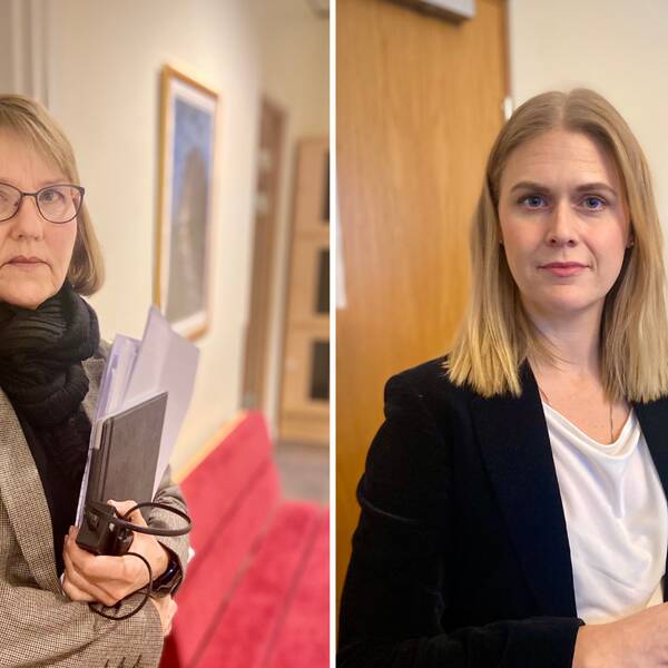 I foto till vänster: Agnetha Hillbom, försvarare. I foto till höger Caroline Diederichsen, målsägandebiträde. Bägge står upp i hallen vid Hudiksvalls tingsrätt.