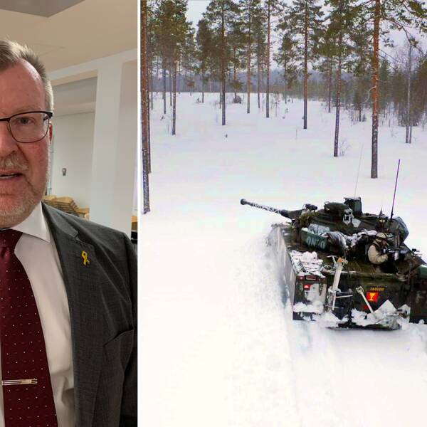 BAE Systems Hägglunds vd Tommy Gustafsson Rask och en bild på stridsfordon 90 i snö.