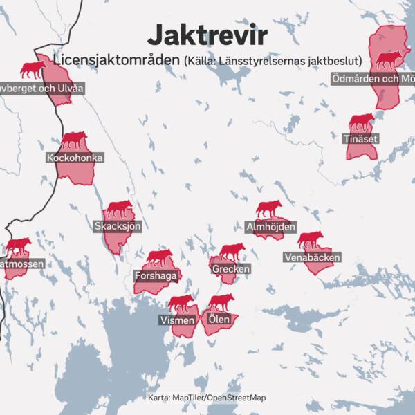 jaktreviren utmärkta på en karta, områden i Värmland, Dalarna, Örebro, Gävleborg och Västmanland omfattas.