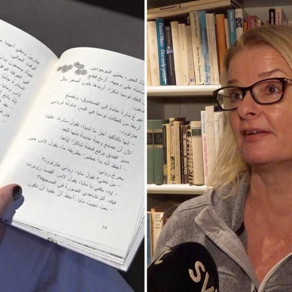Bild på bok på annat språk bredvid bild på skolminister Lotta Edholm, som är blond med svartramade glasögon.