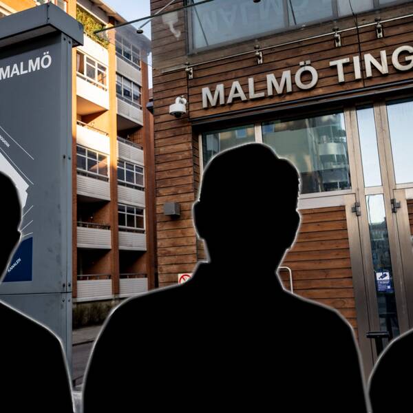 Tre siluetter av män framför Malmö tingsrätt