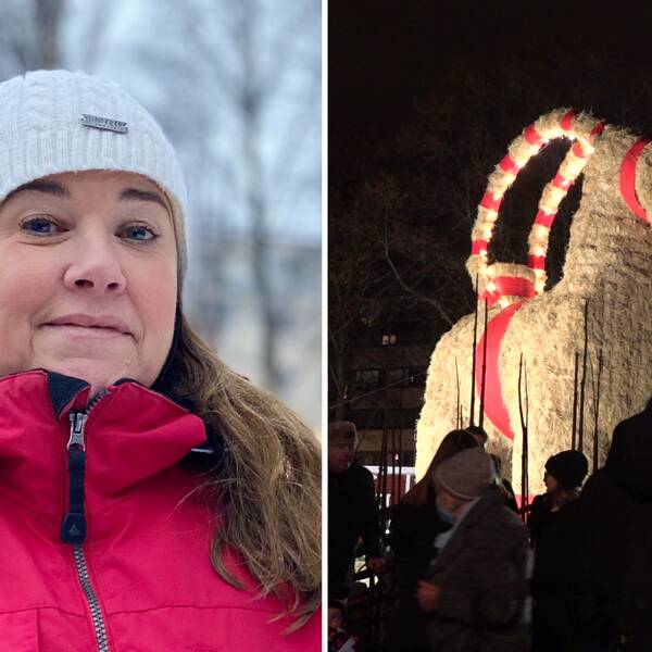 Kollage: Till vänster Gävlebockens talesperson, Anna-Karin Niemann i vit mössa och röd jacka. Till höger en bild på Gävlebocken i kvällsljus.