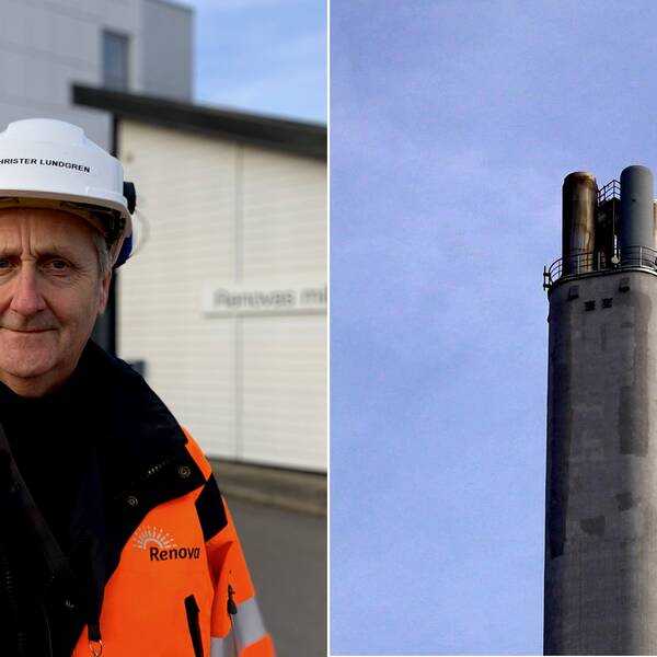 Bild på man i hjälm och orange arbetsjacka och en bild på en skorsten. Mannen på bilden heter Christer Lundgren och är områdeschef för återvinningsavdelningen på Renova Miljö. Han berättar om metoden att  lagra koldioxid under Nordsjön.
