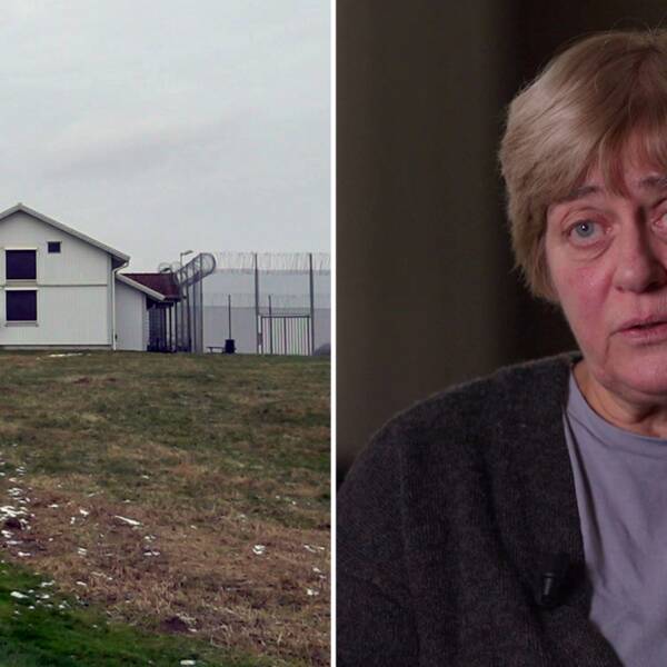 Yttre bild på två byggnader, det ena är igenbommat på fönster och har en stängd utegård (det är statliga ungdomshemmet Margretelund i Falköping), delad bild med en kvinna (Anita Herbert)