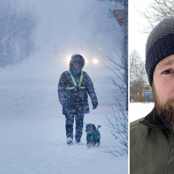 Kollage: Till vänster ett snöoväder i Sundsvall under 2021. Man kan se bakre delen av en bil som håller på att svänga av vägen, på andra sidan går en svartklädd person med reflexsele på promenad med sin hund. Till höger SVT:s meteorolog Nitzan Cohen.